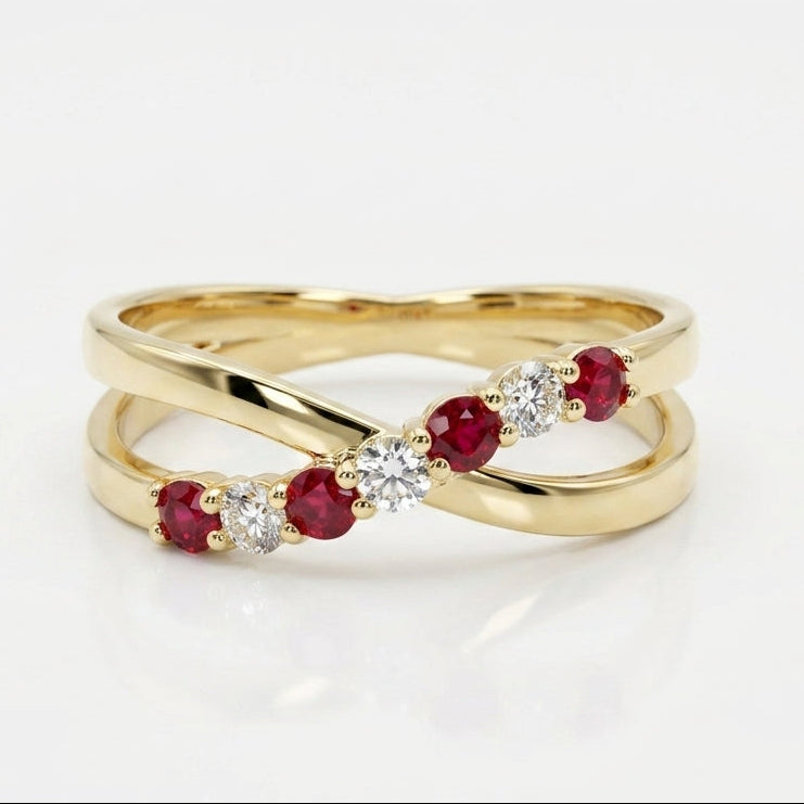 Lab Ruby and Diamond Crossover Ring in 14K Yellow Gold - alternating rubies and diamonds in crisscross design - Thenetjeweler