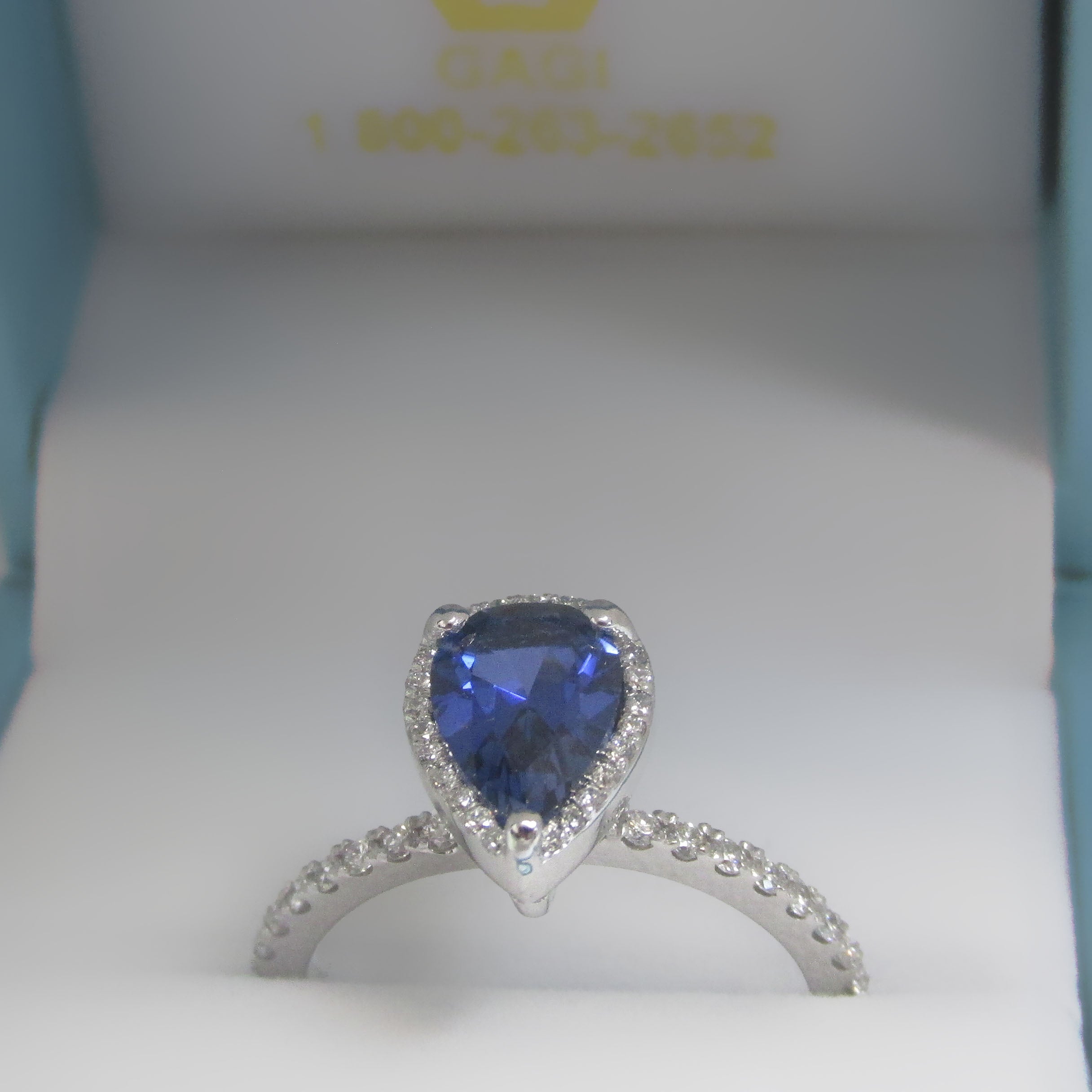 Pear Sapphire Engagement Ring Diamond Halo 14k White Gold (9x6mm) - Thenetjewleler