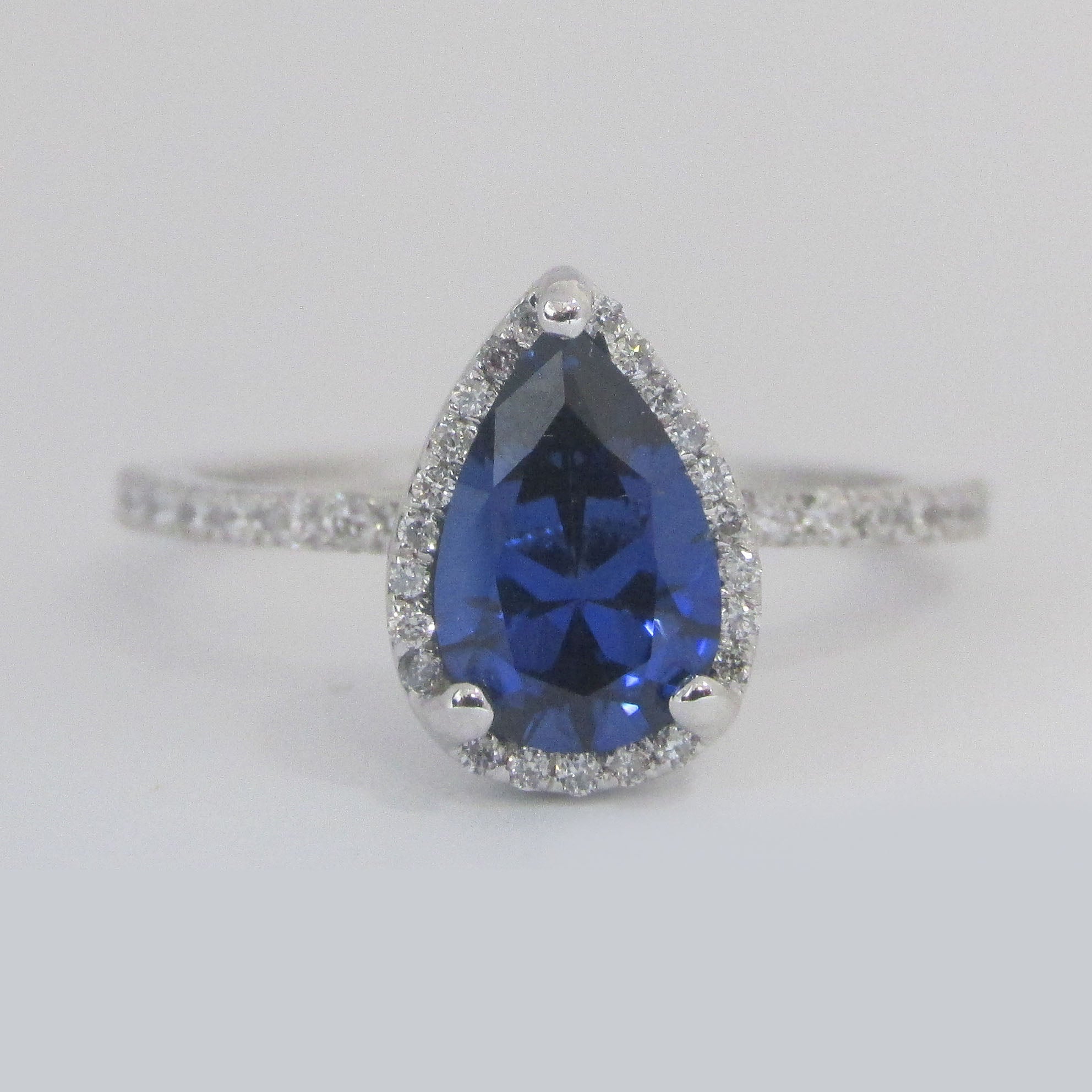 Pear Sapphire Engagement Ring Diamond Halo 14k White Gold (9x6mm) - Thenetjewleler