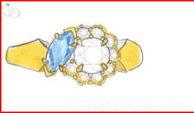 14k Yellow Gold Cluster Ring with Moissanite and Marquise Sapphire Sketch