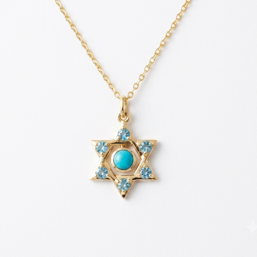 Blue Turquoise and Topaz Star of David Pendant - Thenetjeweler