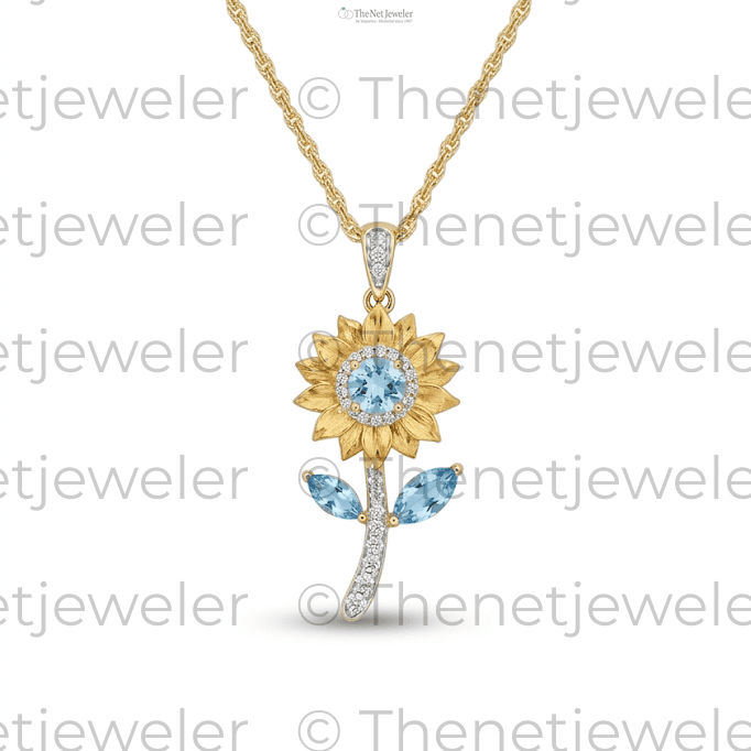 Lab-Grown Diamond Sunflower Necklace | 14k Gold, Aquamarine