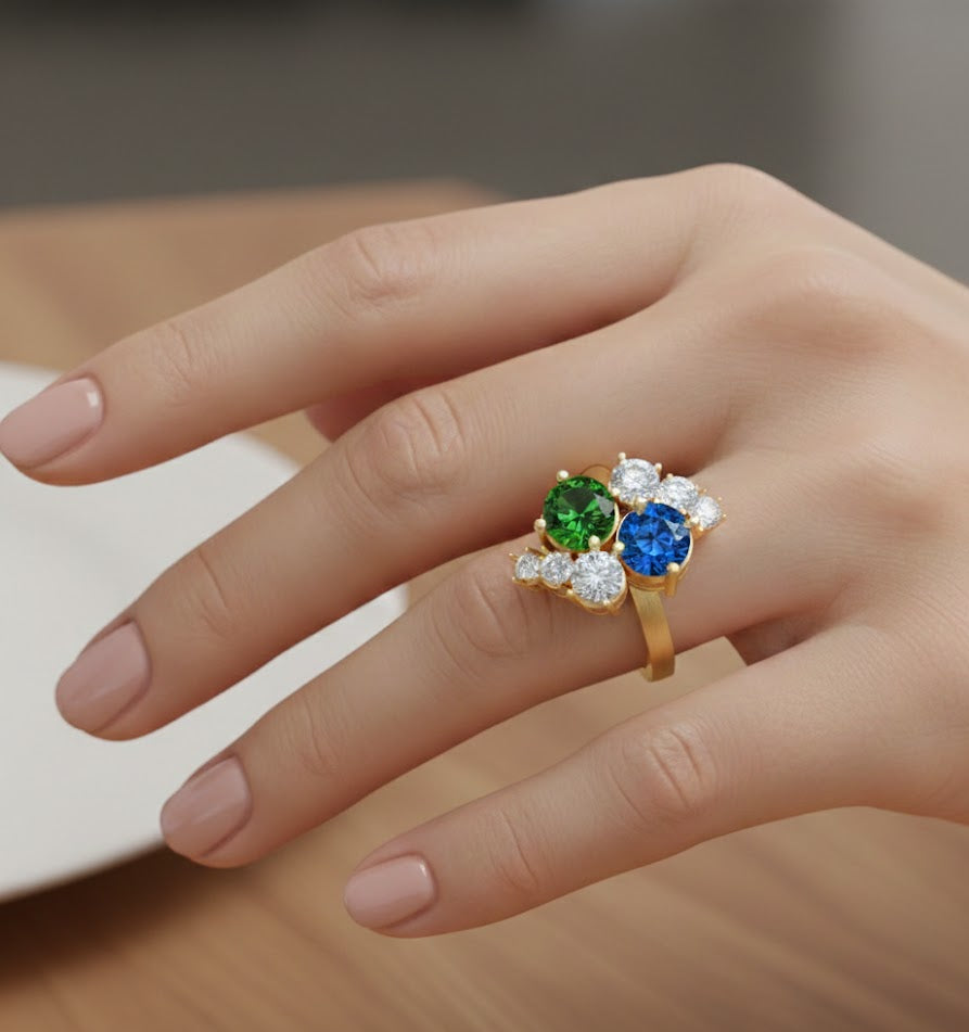 Round Emerald and Sapphire Cluster Ring - Thenetjeweler