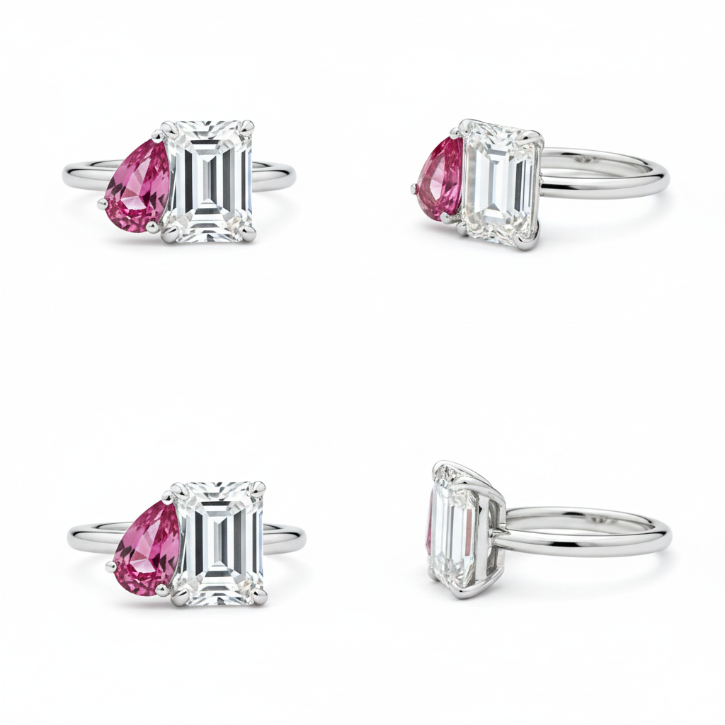 Toi et Moi Ring: Emerald Cut Diamond and Pink Sapphire Pear-Thenetjewele
