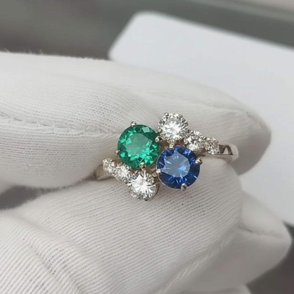 Round Emerald and Sapphire Cluster Ring - Thenetjeweler