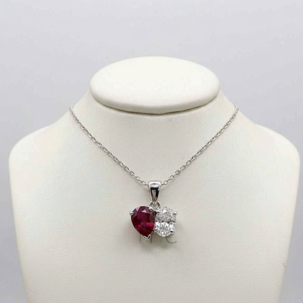Toi et Moi Ruby and Diamond Heart Pendant in 14k White Gold
