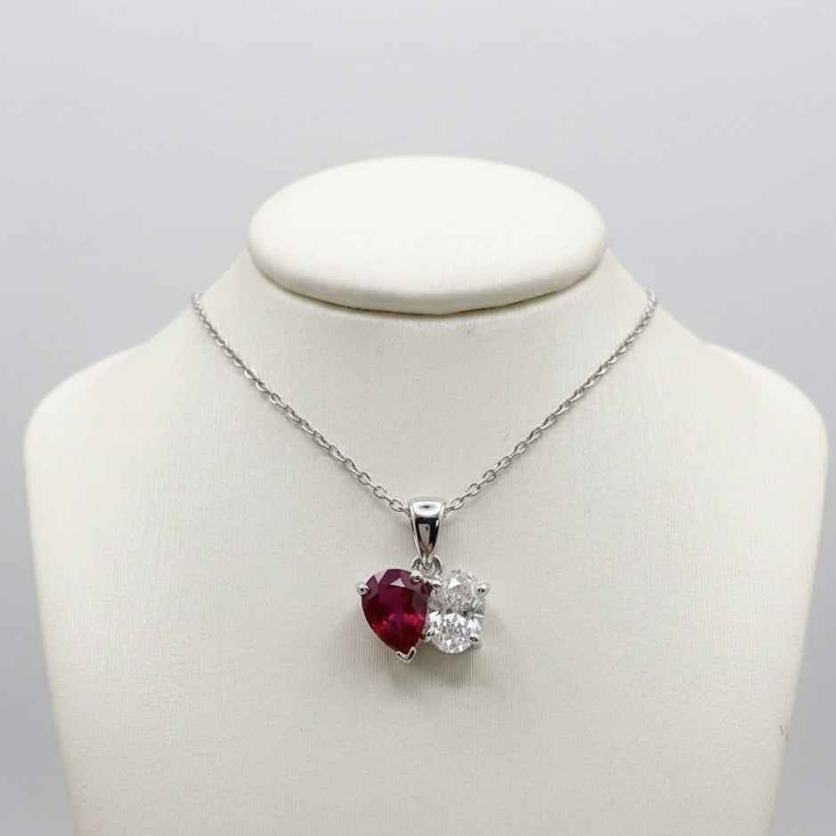 Toi et Moi Ruby and Diamond Heart Pendant in 14k White Gold