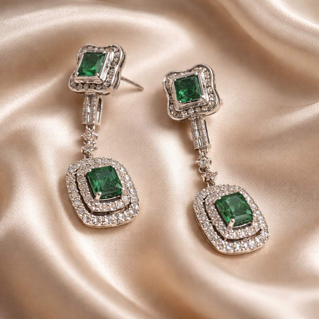 14K white gold lab emerald and diamond drop earrings with square and octagon emeralds surrounded by diamond halos
