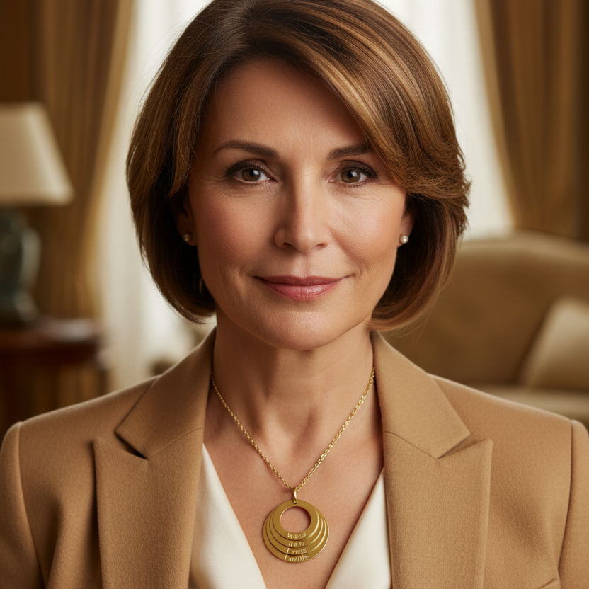  woman wearing a gold disc necklace