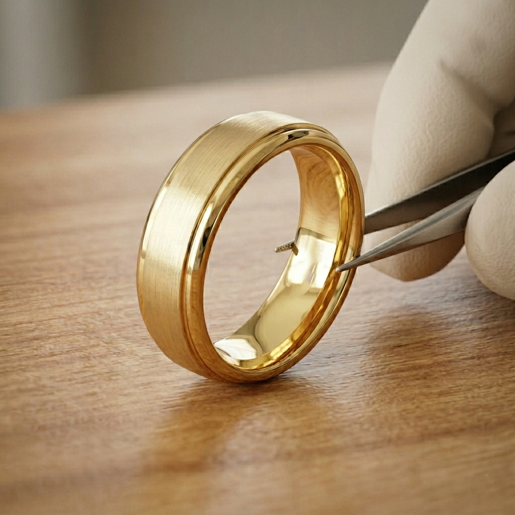 Close-up of 6mm Yellow Gold Wedding Band showing brushed center finish and polished beveled edges