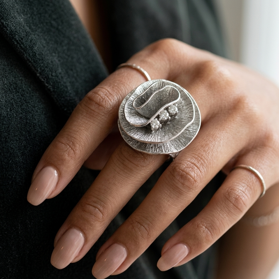 Silver ring with a unique design worn on a hand 