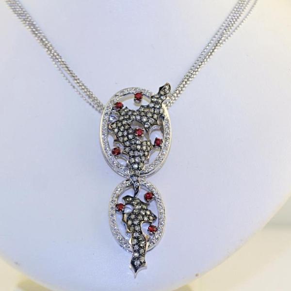 Red Sapphire White and Champagne Diamonds Pendant Necklace 18k White Gold - Thenetjeweler