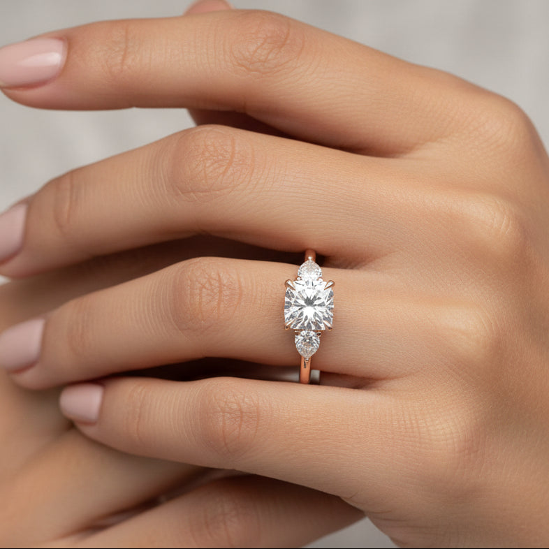 Three Stone Ring with Pear Shaped Side Diamonds Rose Gold - Thenetjeweler