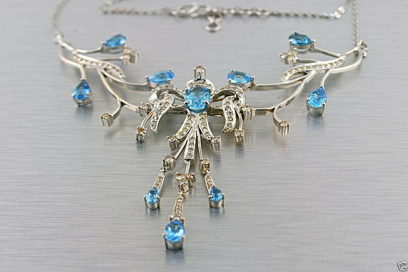 WHITE GOLD BLUE TOPAZ CHAMPAGNE DIAMOND NECKLACE - Thenetjeweler