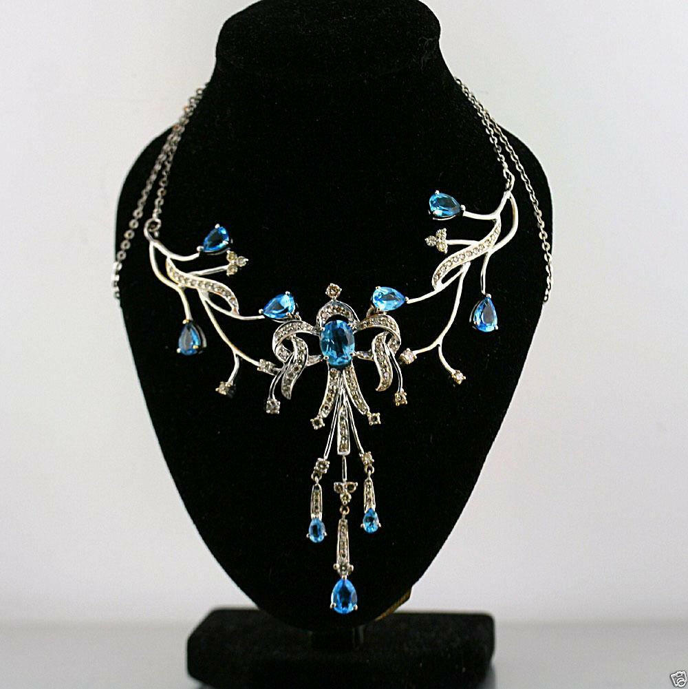 WHITE GOLD BLUE TOPAZ CHAMPAGNE DIAMOND NECKLACE - Thenetjeweler