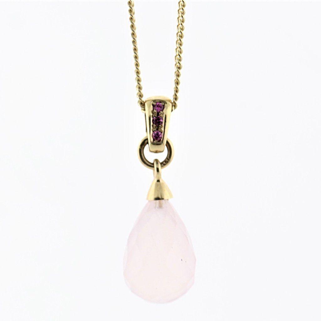 Pink Quartz and Pink Sapphire Pendant Necklace 14K Yellow Gold - Thenetjeweler