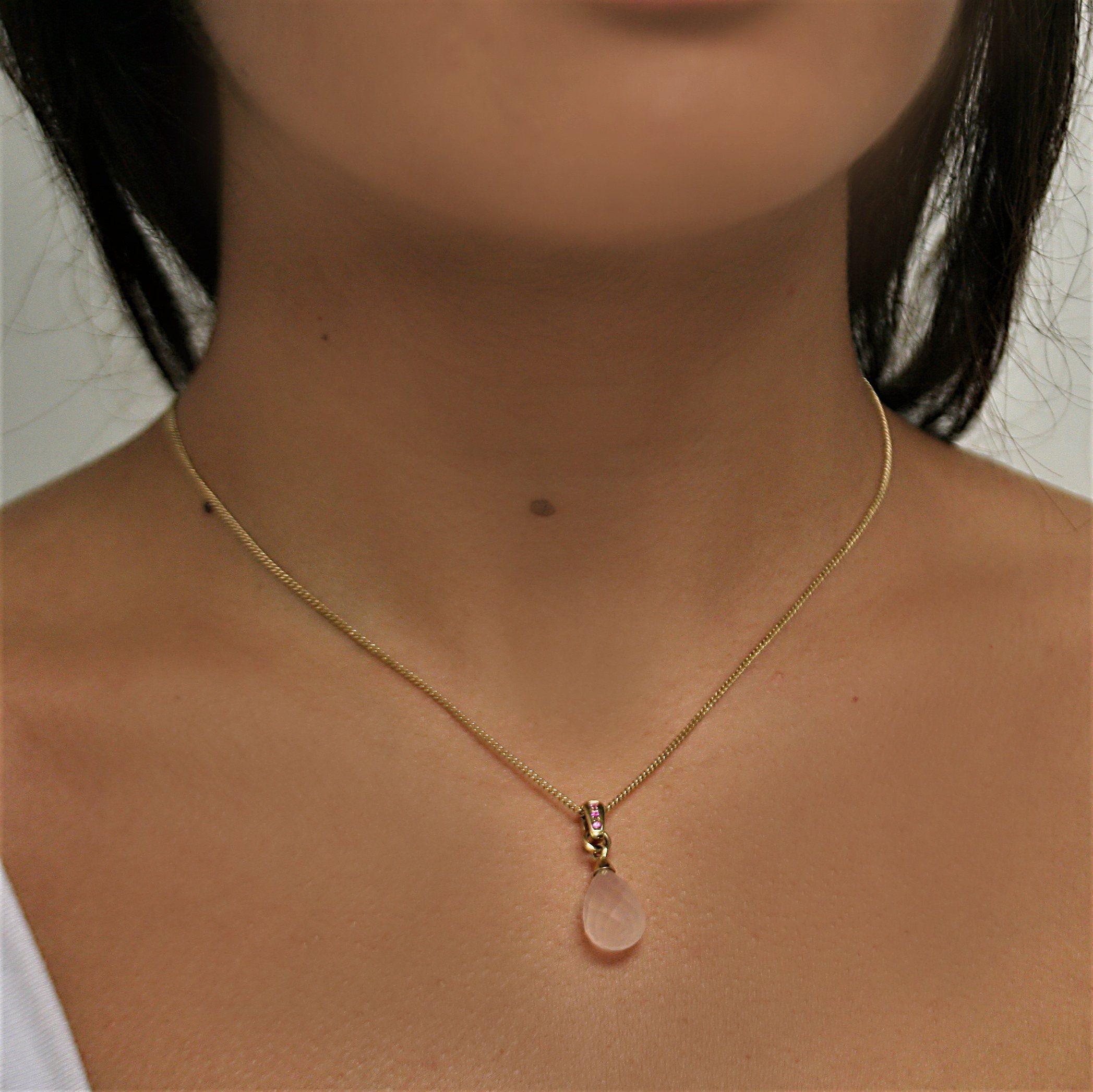 Pink Quartz and Pink Sapphire Pendant Necklace 14K Yellow Gold - Thenetjeweler