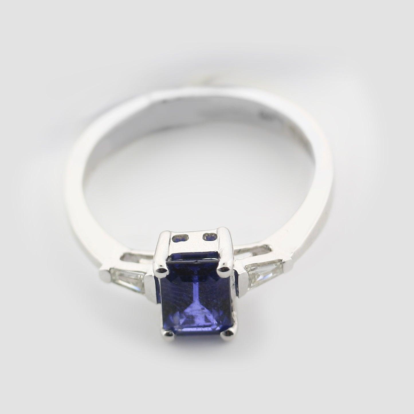 Emerald Cut Blue Sapphire and Diamond Ring - Thenetjeweler