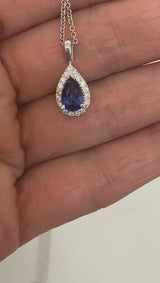Pear Blue Sapphire and Diamond Halo Necklace