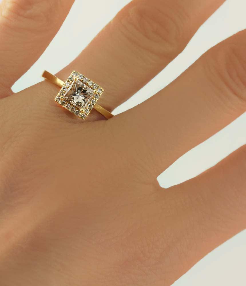 Princess Cut Champagne Diamond Halo Engagement Ring - Thenetjeweler