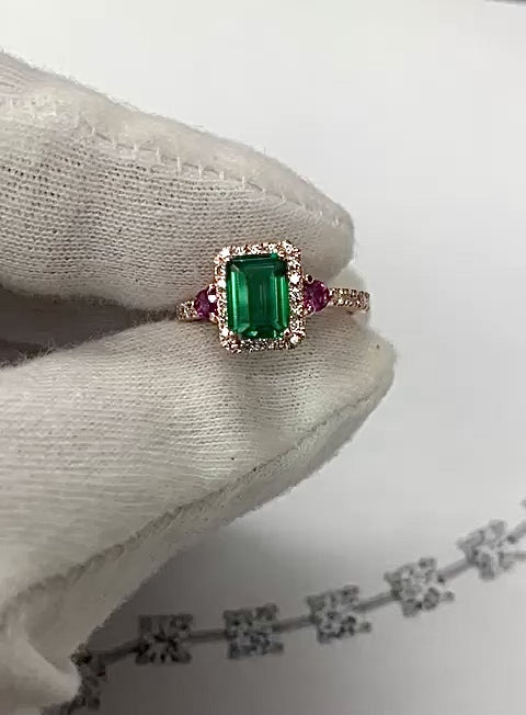 Emerald cut Emerald and Ruby Halo Ring