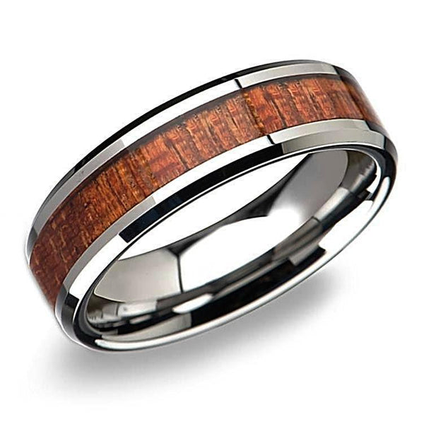 Tungsten Mahogany Hard Wood Inlay Beveled Ring Wedding Band - Thenetjeweler
