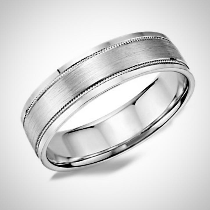 Man's Band Brushed Center Milgrain 14k White Gold Wedding Ring 6 mm - Thenetjeweler