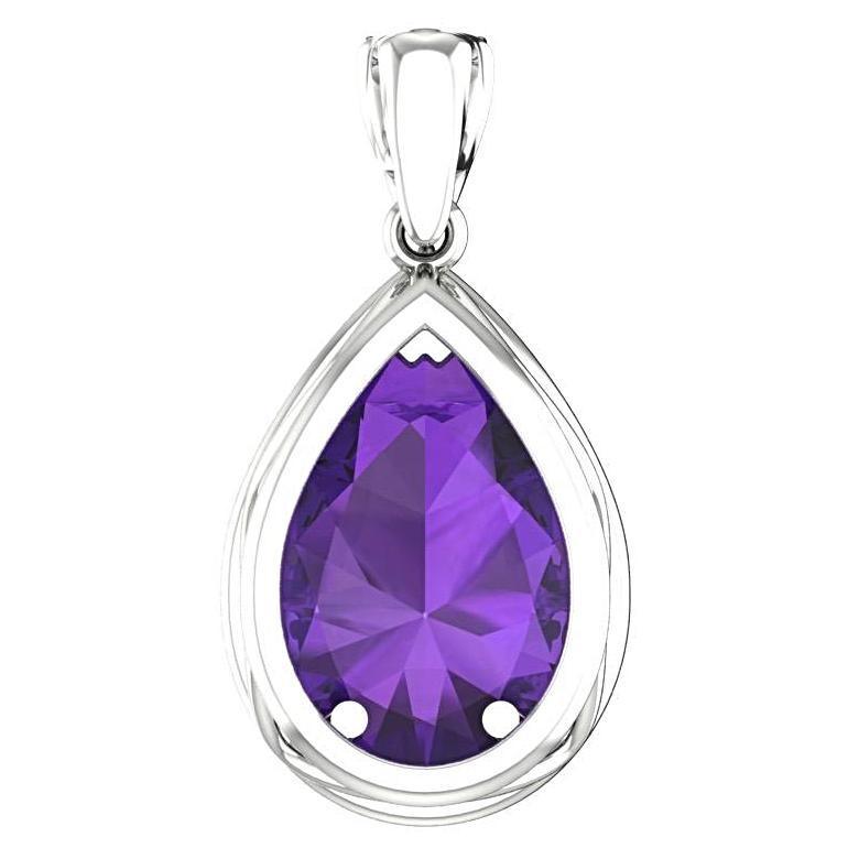 Pear Shaped Amethyst and 0.35c Diamond Halo Pendant Necklace 14K White Gold - Thenetjeweler