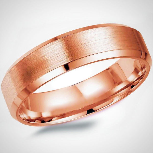 Brushed Center Comfort Fit Wedding Ring Pink Gold 14K Mens Band 6 mm - Thenetjeweler