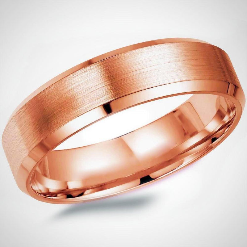 Brushed Center Comfort Fit Wedding Ring Pink Gold 14K Mens Band 6 mm - Thenetjeweler
