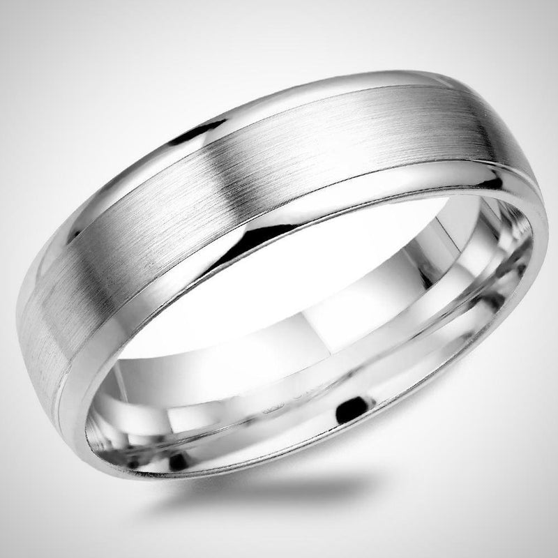 Brushed Center Beveled Edges Wedding Ring White Gold 14K Mens Band 6 mm - Thenetjeweler