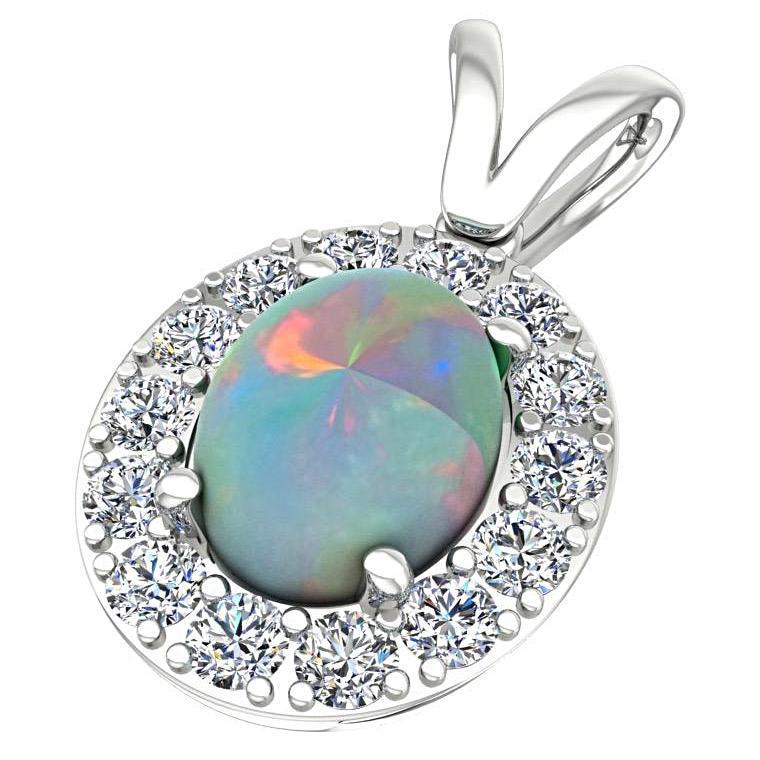 Opal and Diamond Halo Pendant Necklace 14K White Gold - Thenetjeweler
