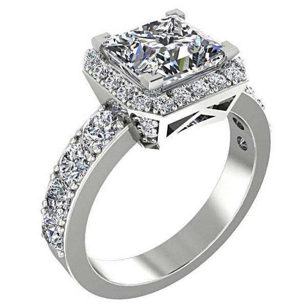 Princess Halo Diamond Engagement Ring with Side Stones 18K White Gold - Thenetjeweler