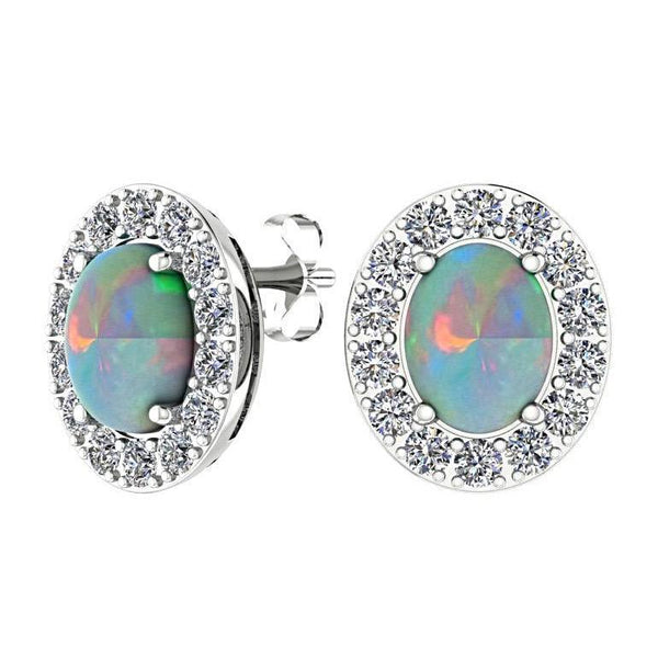Opal and Diamond Halo Stud Earrings 14K White Gold - Thenetjeweler