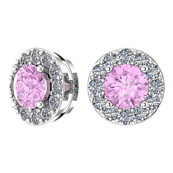 Pink Tourmaline Diamond Halo Stud Earrings 14K White Gold - Thenetjeweler