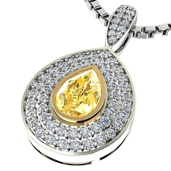 Pear Citrine Double Diamond Halo Pendant Necklace 14K White Gold - Thenetjeweler