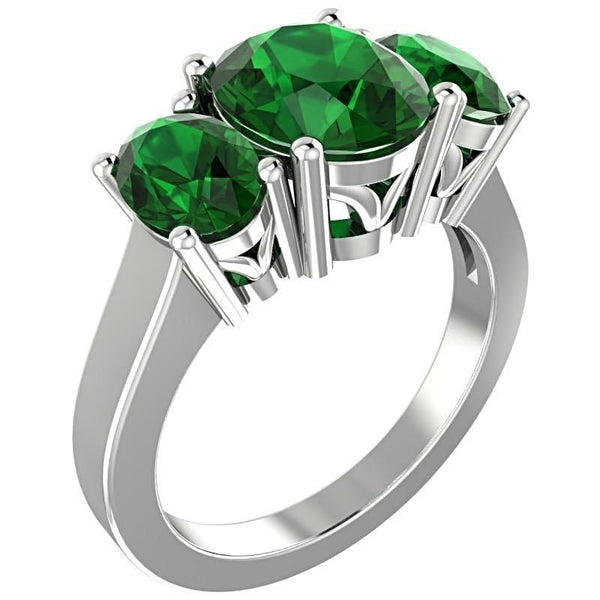 Emerald Three Stone Ring 14K White Gold - Thenetjeweler