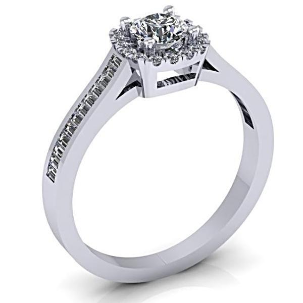 Round Halo with Side Baguettes Diamond Engagement Ring 14K White Gold - Thenetjeweler