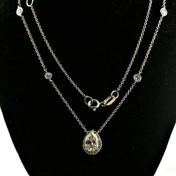 Pear Shape Diamond Halo Pendant Necklace with Round Diamonds Chain 18K White Gold - Thenetjeweler