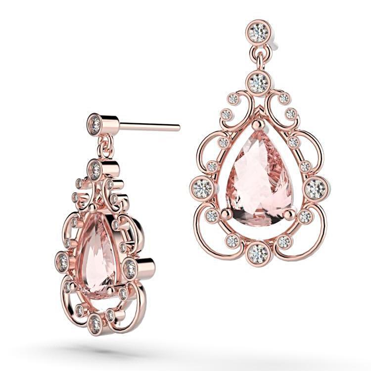 Diamond Morganite Vintage Style Drop Earrings 14K White Gold - Thenetjeweler