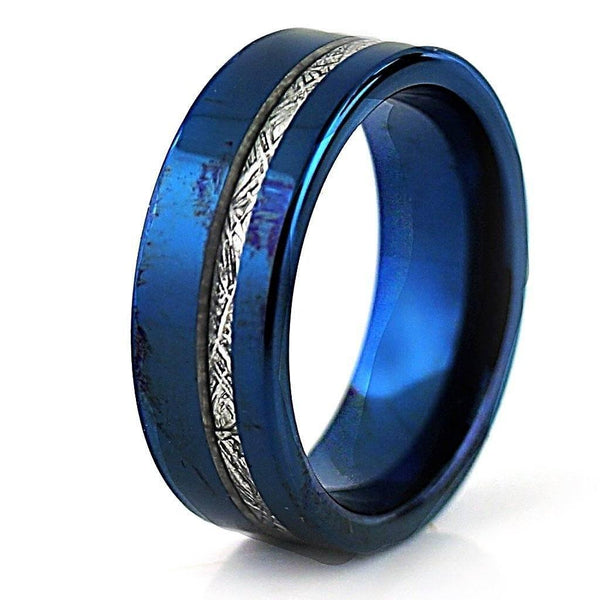 Blue Tungsten Ring with Meteorite Inlay Wedding Band for Man or Woman Unisex - Thenetjeweler