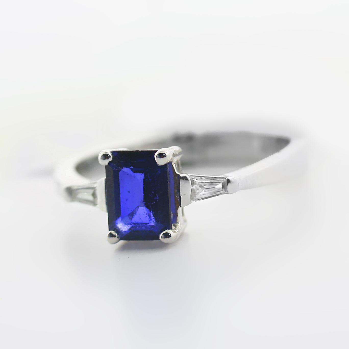 Emerald Cut Blue Sapphire and Diamond Ring - Thenetjeweler