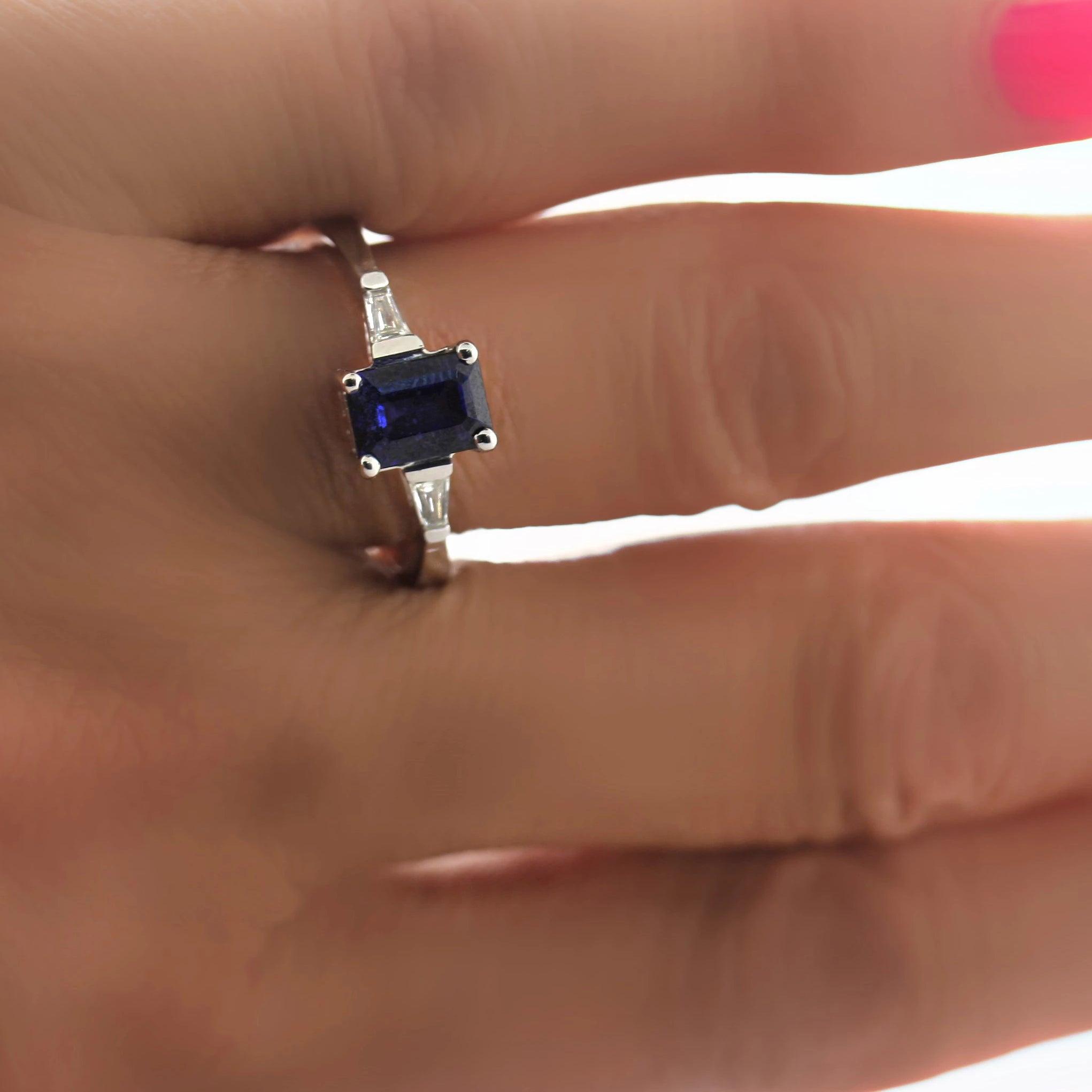 Emerald Cut Blue Sapphire and Diamond Ring - Thenetjeweler