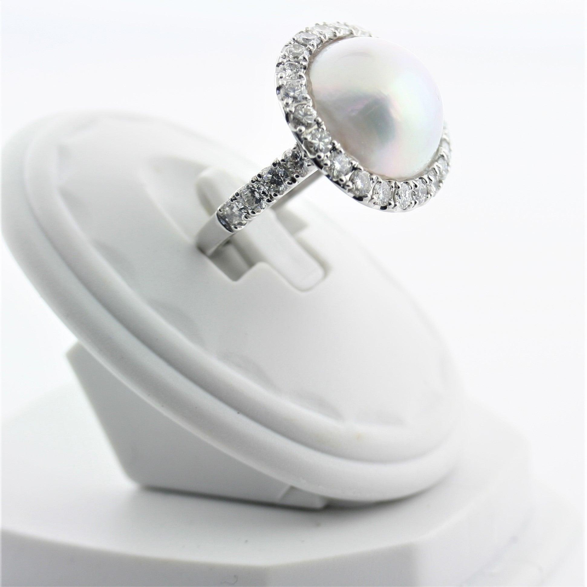 Mabe Pearl Ring with Diamonds 18K White Gold - Thenetjeweler