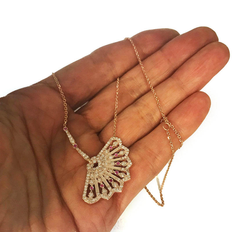 Ruby and Diamond Hand Fan Pendant With Chain - Thenetjeweler