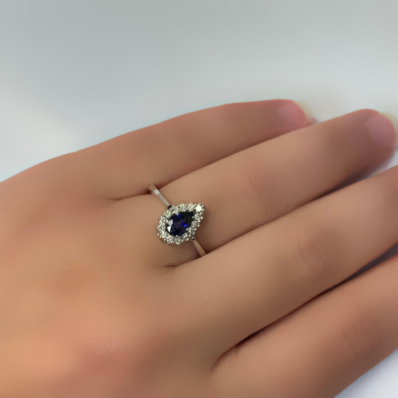 Pear Halo Blue Sapphire and Diamond Ring 18K White Gold - Thenetjeweler