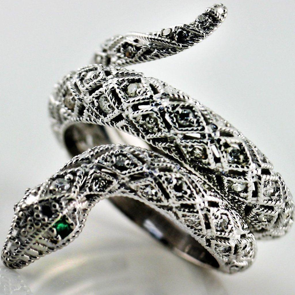 Diamond Emerald Accents Snake Ring 14K White Gold - Thenetjeweler