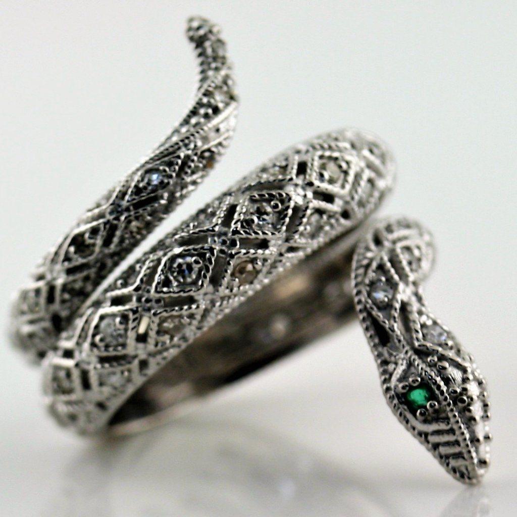 Diamond Emerald Accents Snake Ring 14K White Gold - Thenetjeweler