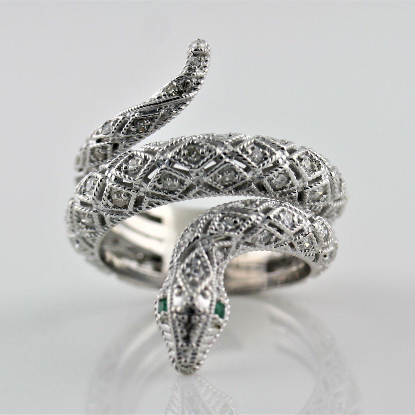 Diamond Emerald Accents Snake Ring 14K White Gold - Thenetjeweler