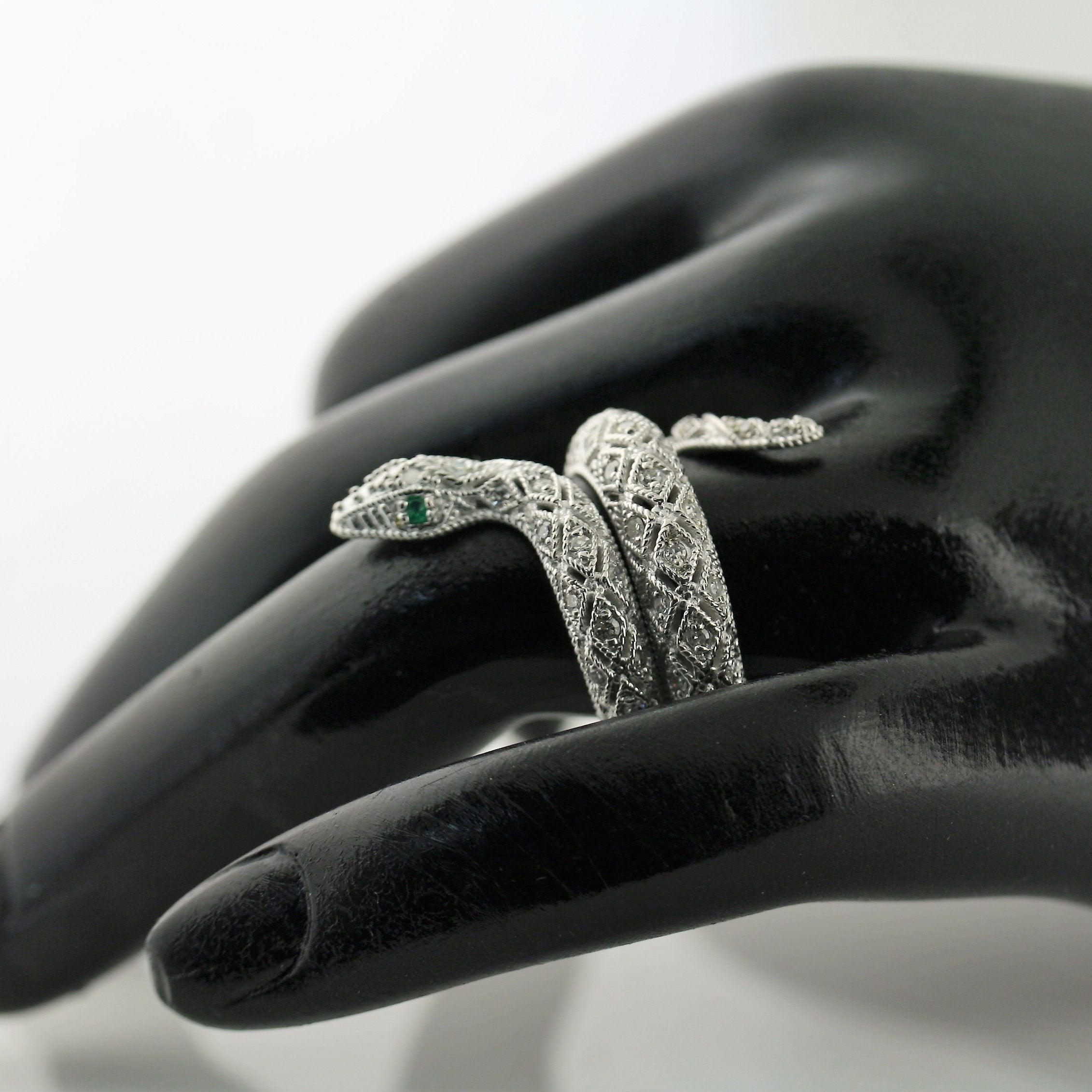 Diamond Emerald Accents Snake Ring 14K White Gold - Thenetjeweler